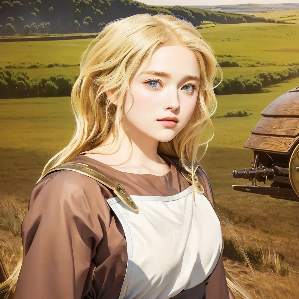Realistic cute girl with slightly wavy blonde hair and blue eyes standing in front of a cart, ultra realistic, visual of a real young woman, vinland saga, official art, visual of a pretty girl, Game of Thrones female character, official art del personaje, portrait, , official artwork, blonde girl with long hair, official illustration