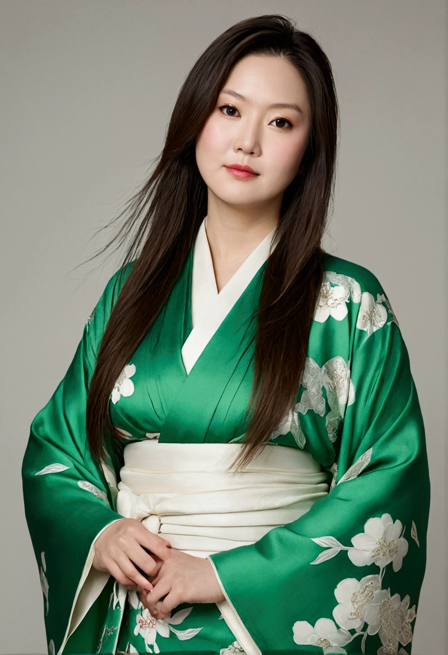 women, 30 years, americana, very long hair, plain white, with snap, somewhat overweight , elegant green kimono