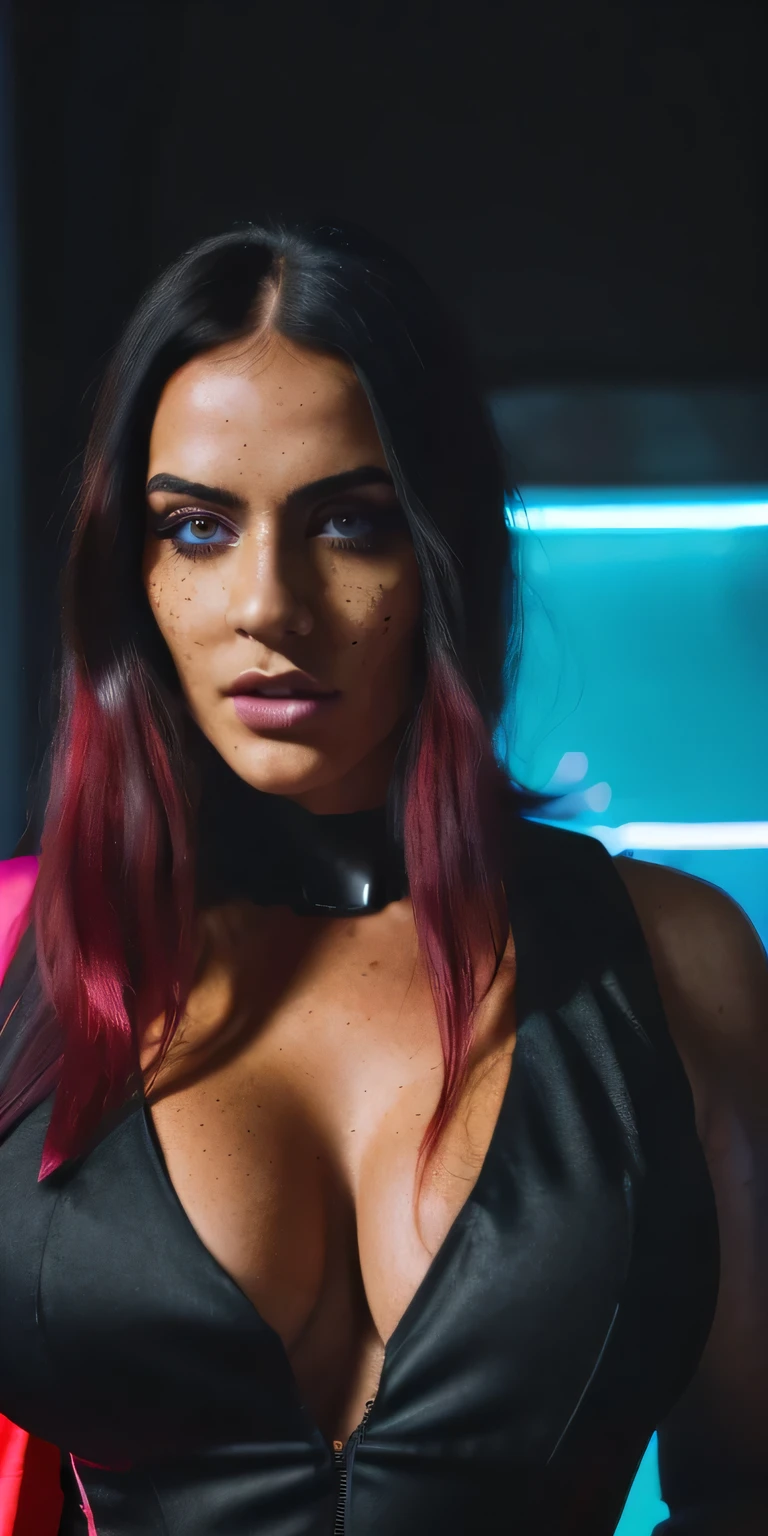(best quality, hyperdetailed photography:1.2), beautiful lady, freckles, dark makeup, soft light, head and breast portrait, cover, (detailed beautiful face, detail skin texture, ultra-detailed body:1.1) ,((massive perfect breast)), ((snoopy breast:1.1)),((cyberpunk warrior:1.0)), strong body, red black hair, dark yellow eyes,,,,long open black coat, ((dark neon lights)),, ((sexy dress)),, Deep cleavage,