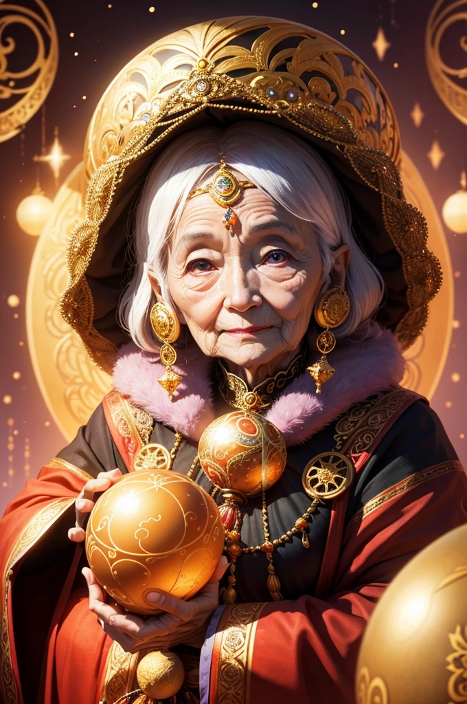 A shining old lady adorned with various jewels,Has a large sphere,Staring straight into the camera, in the center,Very bright color, Light Particles, The light shines, Musibu, Wallpaper Art, UHD wallpaper,Background Gold、Divination for meditation、Mysterious Aura