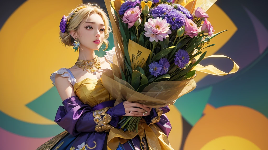 32K, 最高quality, 最高masterpiece, (ultra-Detailed Background, Detailed Background), High resolution, Super detailed, Very detailedな, One girl, (bouquet:1.3), (Tangled:1.2), (Geometric:1.2),(colorful),(masterpiece, quality, best quality, Official Art, Beautiful and beautiful:1.2), (1 girl:1.3), Very detailed,(colorful:1.1)(Flowers:1.3),Most detailed,(Tangled:1.2), whole body, (Abstract background:1.3), (Skin glows), (Many colors:1.4), ,(Earrings Jewelry:1.5), Bright yellow background,