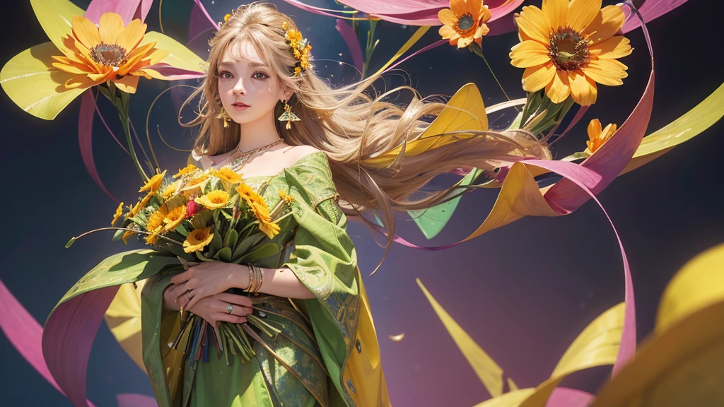 32K, 最高quality, 最高masterpiece, (ultra-Detailed Background, Detailed Background), High resolution, Super detailed, Very detailedな, One girl, (bouquet:1.3), (Tangled:1.2), (Geometric:1.2),(colorful),(masterpiece, quality, best quality, Official Art, Beautiful and beautiful:1.2), (1 girl:1.3), Very detailed,(colorful:1.1)(Flowers:1.3),Most detailed,(Tangled:1.2), whole body, (Abstract background:1.3), (Skin glows), (Many colors:1.4), ,(Earrings Jewelry:1.5), Bright yellow background,