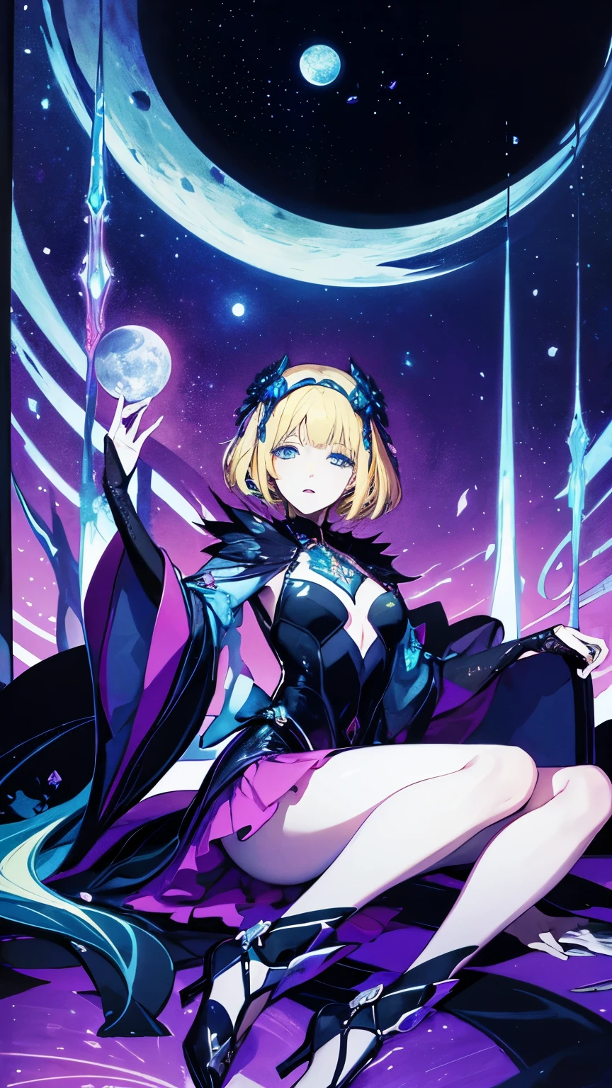 Harry Clarke, A E Marty, Harry Beckhoff, Aurélie Neyret, Ichigo Takano, Surrealism, Mysterious, Strange, Outlandish, Fantasy, Sci-Fi, Japanese Anime, a beautiful blonde miniskirt girl Alice who has an audience with the Emperor on the moon, perfect voluminous body, the Lunar Cat Guard, detailed masterpiece