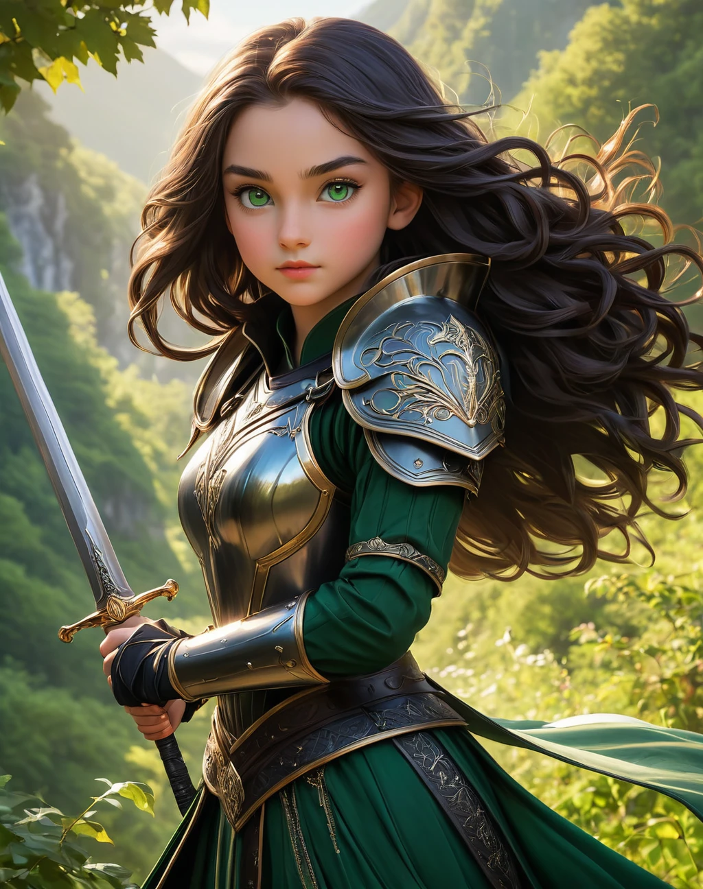 Create the image of a stunning daughter of severus snape, 11 years old with long, straight hair and wearing imposing armor. She is depicted in a majestic pose, black her wavy hair falling gently over her shoulders. Her armor is a work of art, with intricate details and elegant embellishments, reflecting the sunlight that streams through the nearby trees,Her green eyes convey a mix of determination and grace as she wields a sword or shield with confidence. In the background, a picturesque setting of lush natural landscape, with distant mountains and a clear blue sky. This girl is not only a skilled warrior, but also a vision of beauty and strength