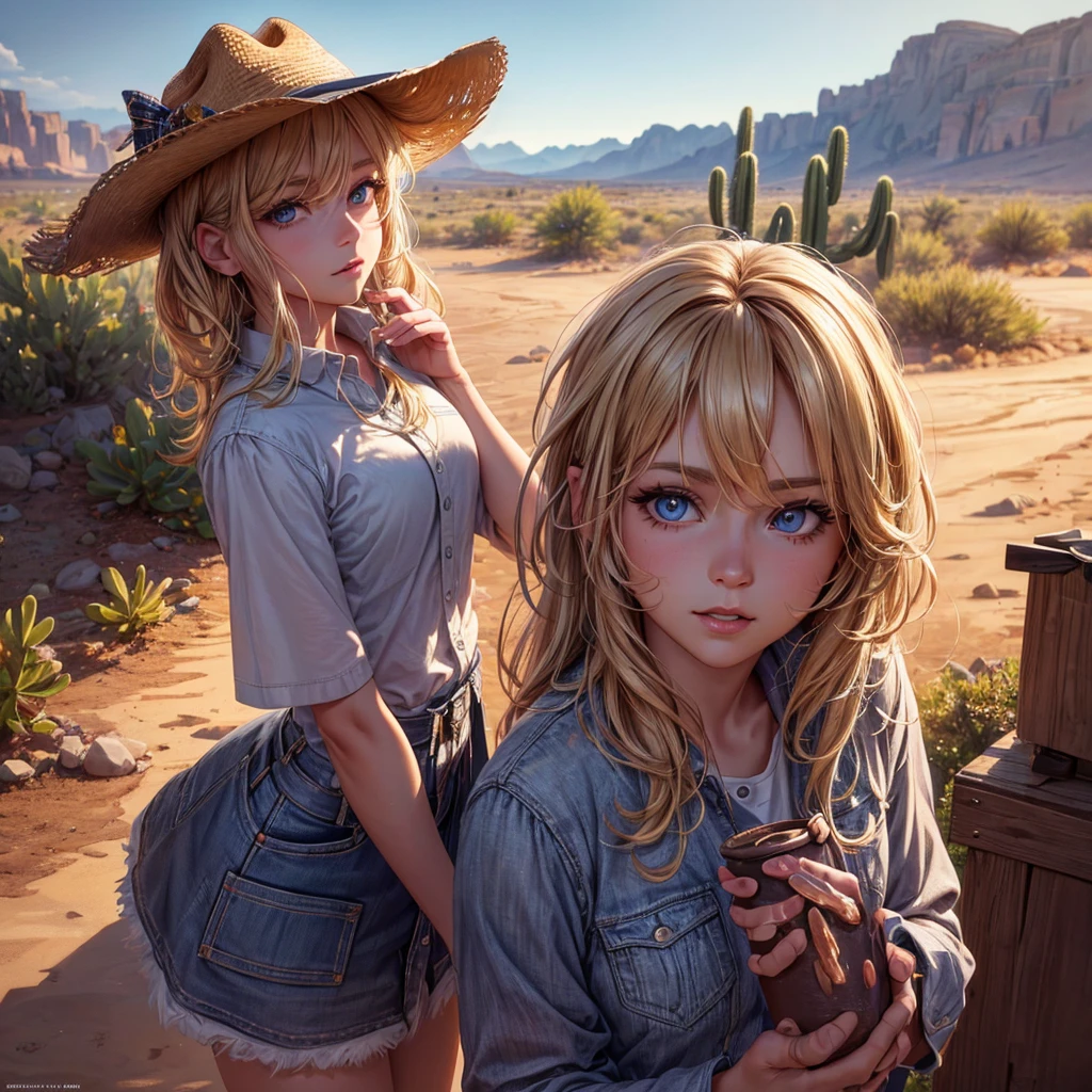 masterpiece, best quality, 2girls, (closeup), 18yo teen, slim, small breast, naked breast, nipple, short light sundress, summer hat, sitting, on a bench in a desert, hugging, lode, smile, flood, wasteland, colorfull, desolate, sunny, (sun rays:1.3), watercolor, (topless:1.2), small breasts