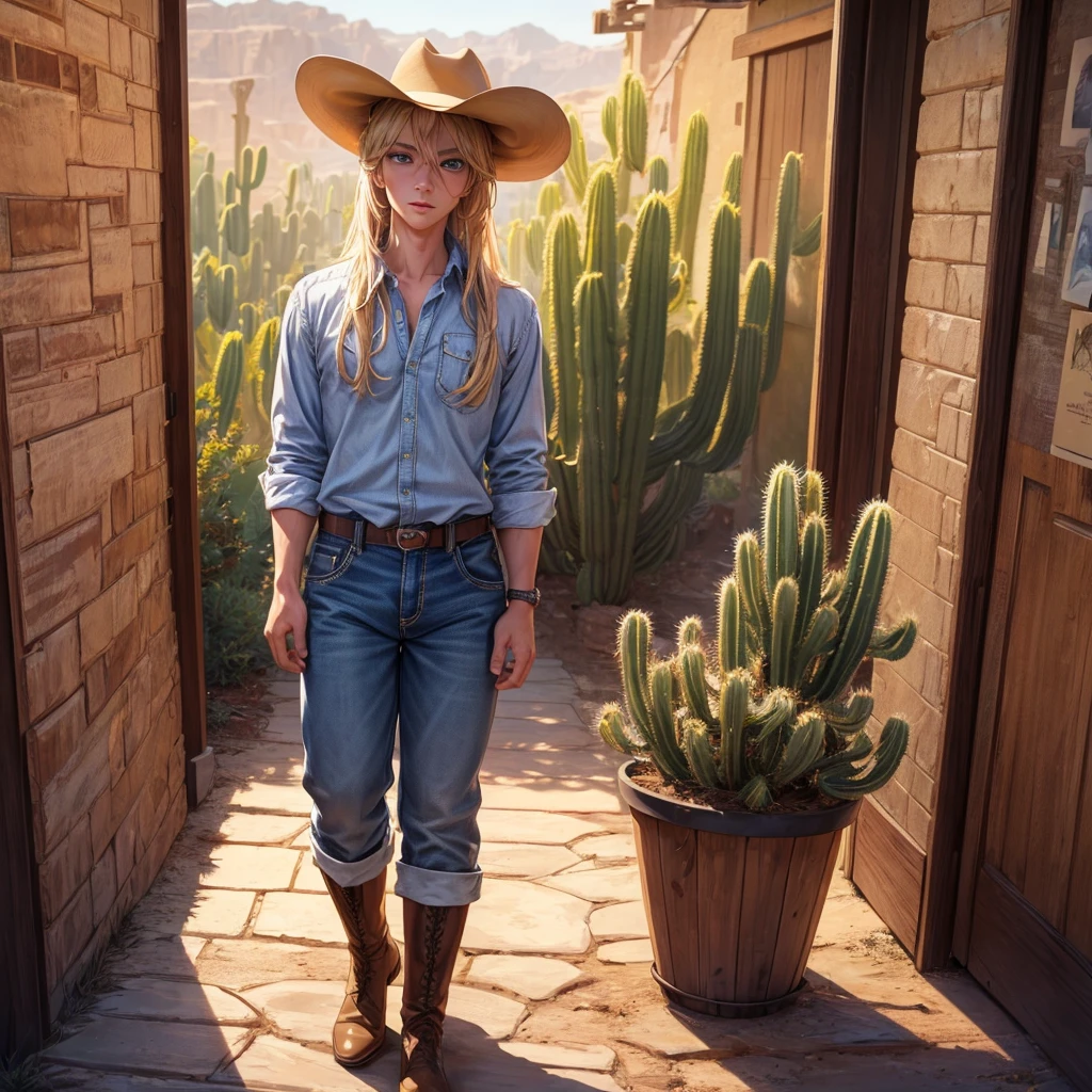 a blond boy wearing a cowboy hat, cowboy boots, jeans, plaid shirt, desert landscape, cactus, setting sun, realistic, highly detailed, (best quality,4k,8k,highres,masterpiece:1.2),ultra-detailed,(realistic,photorealistic,photo-realistic:1.37),dramatic lighting, warm color tones, cinematic composition, beautiful detailed eyes, beautiful detailed lips, extremely detailed eyes and face, long eyelashes