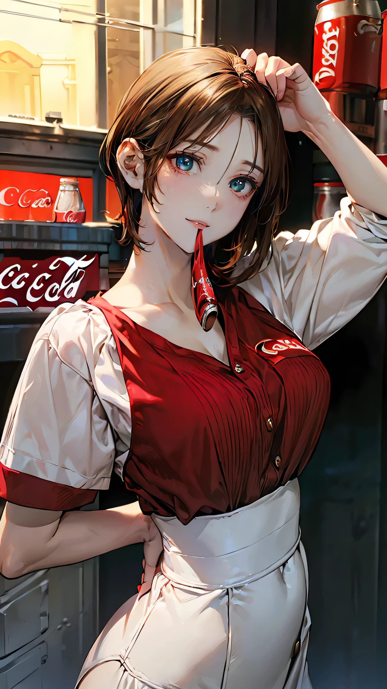 (masterpiece:1.2, Highest quality), (Realistic, photoRealistic:1.4), Beautiful illustrations, (Natural Side Lighting, Cinema Lighting), Looking at the audience, Upper Body, (Front view), 1 girl, Perfect Face, Symmetrical cute face, Glowing Skin, , Long eyelashes, (Large Breasts), (Wide Hips:1.2),Beautiful Hair, Beautiful Face, Fine and beautiful eyes, Beautiful body, Beautiful breasts, Beautiful thighs, Beautiful legs, Beautiful fingers,(Beautiful views),(Cute Smile:1.5, Upper Eye),beautiful girl,Perfect body line,(short hair:1.2),(Shaved head),(Brown Hair:1.5),(Plump:0.7),(Hime cut),Office Lady, uniform, Ocean, ( Coca Cola),( drinking Coca Cola:1.2),afternoon,(she smiles with her hand up holding the Coca Colaand her mouth open:1.5),