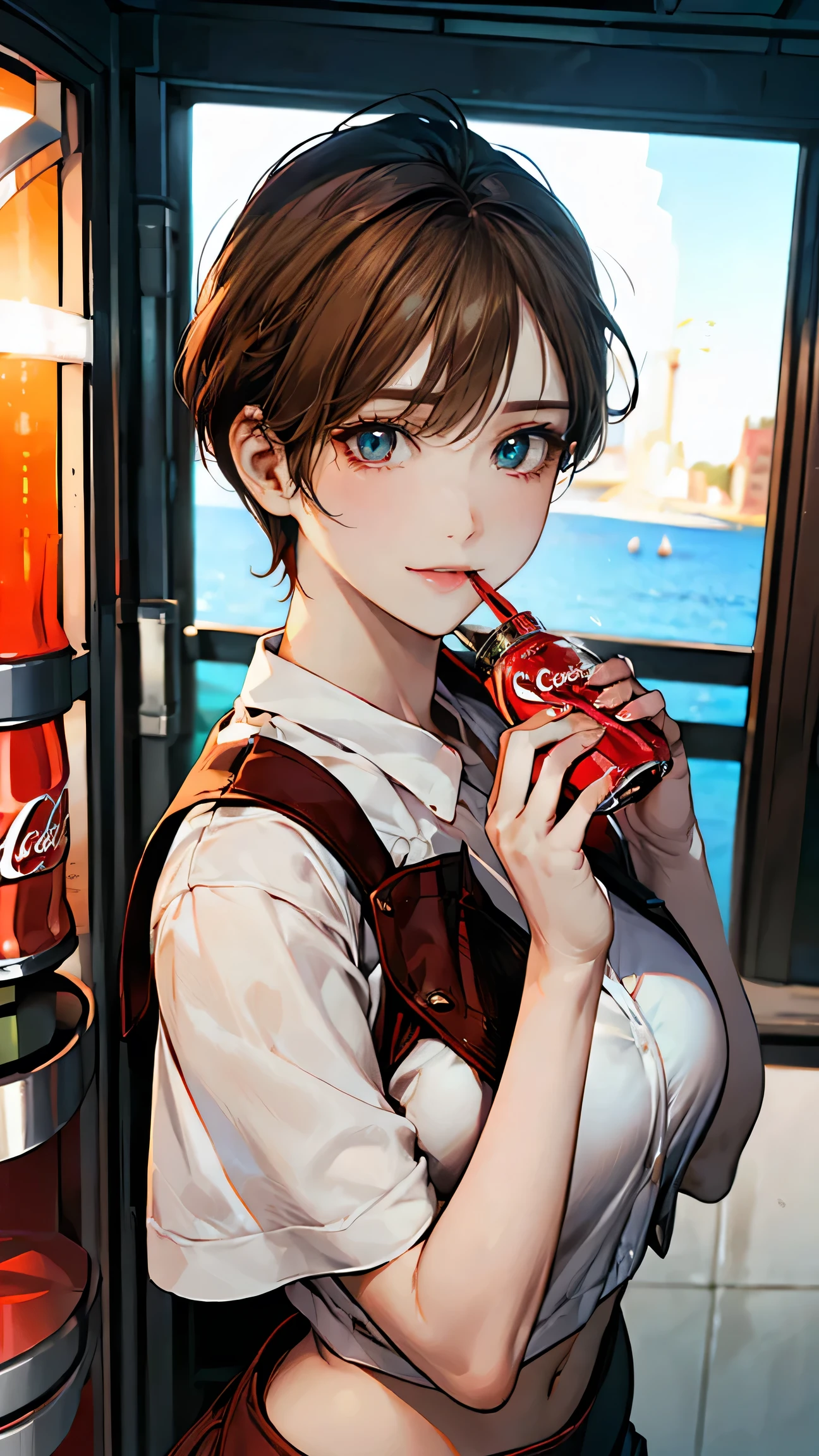 (masterpiece:1.2, Highest quality), (Realistic, photoRealistic:1.4), Beautiful illustrations, (Natural Side Lighting, Cinema Lighting), Looking at the audience, Upper Body, (Front view), 1 girl, Perfect Face, Symmetrical cute face, Glowing Skin, , Long eyelashes, (Large Breasts), (Wide Hips:1.2),Beautiful Hair, Beautiful Face, Fine and beautiful eyes, Beautiful body, Beautiful breasts, Beautiful thighs, Beautiful legs, Beautiful fingers,(Beautiful views),(Cute Smile:1.5, Upper Eye),beautiful girl,Perfect body line,(short hair:1.2),(Shaved head),(Brown Hair:1.5),(Plump:0.7),(Hime cut),Office Lady, uniform, Ocean, ( Coca Cola),( drinking Coca Cola:1.2),afternoon,(she smiles with her hand up holding the Coca Colaand her mouth open:1.5),