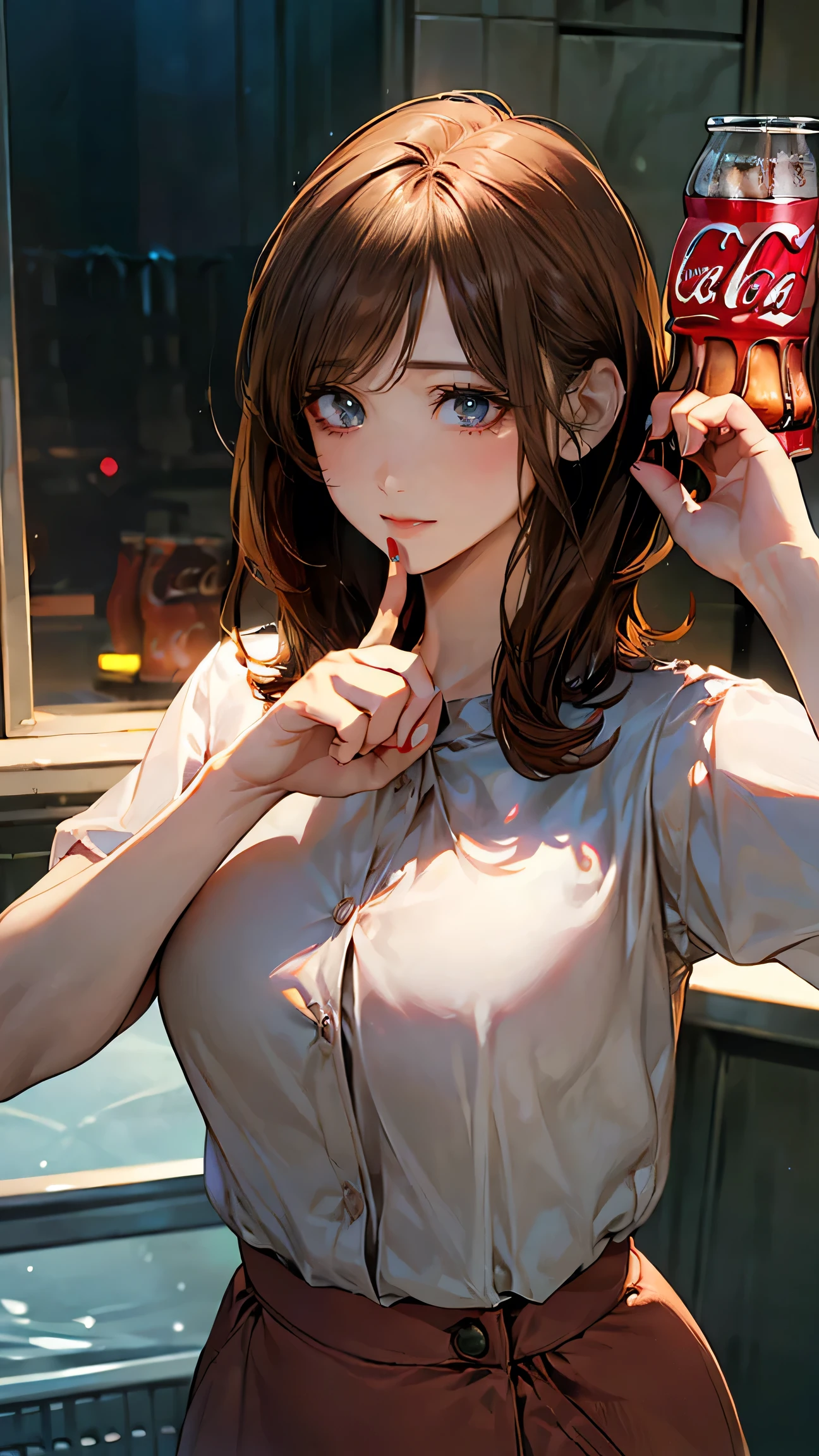 (masterpiece:1.2, Highest quality), (Realistic, photoRealistic:1.4), Beautiful illustrations, (Natural Side Lighting, Cinema Lighting), Looking at the audience, Upper Body, (Front view), 1 girl, Perfect Face, Symmetrical cute face, Glowing Skin, , Long eyelashes, (Large Breasts), (Wide Hips:1.2),Beautiful Hair, Beautiful Face, Fine and beautiful eyes, Beautiful body, Beautiful breasts, Beautiful thighs, Beautiful legs, Beautiful fingers,(Beautiful views),(Cute Smile:1.5, Upper Eye),beautiful girl,Perfect body line,(short hair:1.2),(Shaved head),(Brown Hair:1.5),(Plump:0.7),(Hime cut),Office Lady, uniform, Ocean, ( Coca Cola),( drinking Coca Cola:1.2),afternoon,(she smiles with her hand up holding the Coca Colaand her mouth open:1.5),