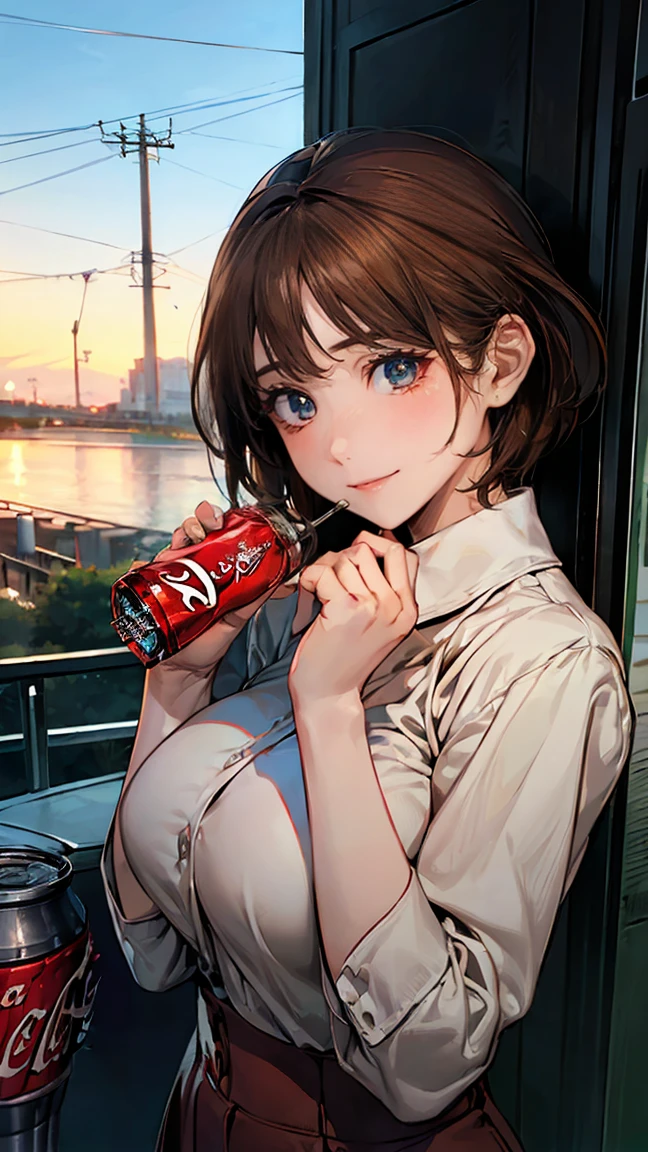 (masterpiece:1.2, Highest quality), (Realistic, photoRealistic:1.4), Beautiful illustrations, (Natural Side Lighting, Cinema Lighting), Looking at the audience, Upper Body, (Front view), 1 girl, Perfect Face, Symmetrical cute face, Glowing Skin, , Long eyelashes, (Large Breasts), (Wide Hips:1.2),Beautiful Hair, Beautiful Face, Fine and beautiful eyes, Beautiful body, Beautiful breasts, Beautiful thighs, Beautiful legs, Beautiful fingers,(Beautiful views),(Cute Smile:1.5, Upper Eye),beautiful girl,Perfect body line,(short hair:1.2),(Shaved head),(Brown Hair:1.5),(Plump:0.7),(Hime cut),Office Lady, uniform, Ocean, ( Coca Cola),( drinking Coca Cola:1.2),afternoon,(she smiles with her hand up holding the Coca Colaand her mouth open:1.5),