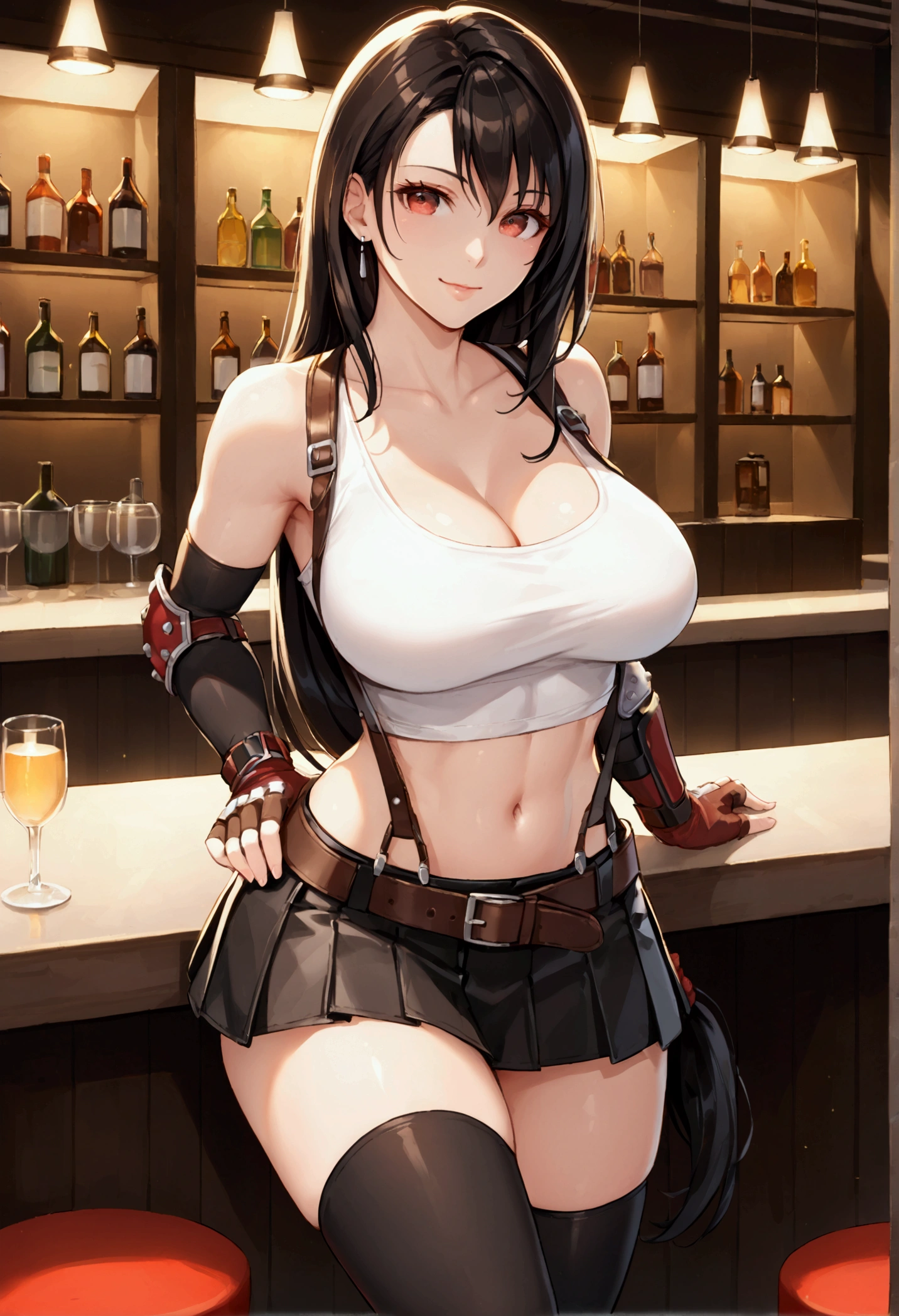 (score_9, score_8_up, score_7_up), BREAK (masterpeace),(best quality),(aesthetic,very aesthetic),(highly detailed),.1girl, tifa lockhart, final fantasy,(beautiful). black hair, low-tied long hair, red eyes, bangs, white tank top,gap, belt, pleated skirt, thighhighs, elbow fingerless gloves, elbow pads, midriff, navel,suspender skirt.zettai ryouiki,(large_breasts:1.3),Solo,upperbody,looking at viewer, vibrant, joyful,cafe and bar,(Emphasize the cleavage),hands on counter,Showcasing cleavage:1.3 ,counter,straight-on,breast focus,from feet,dynamic angle,professional lighting,cinematic lighting
