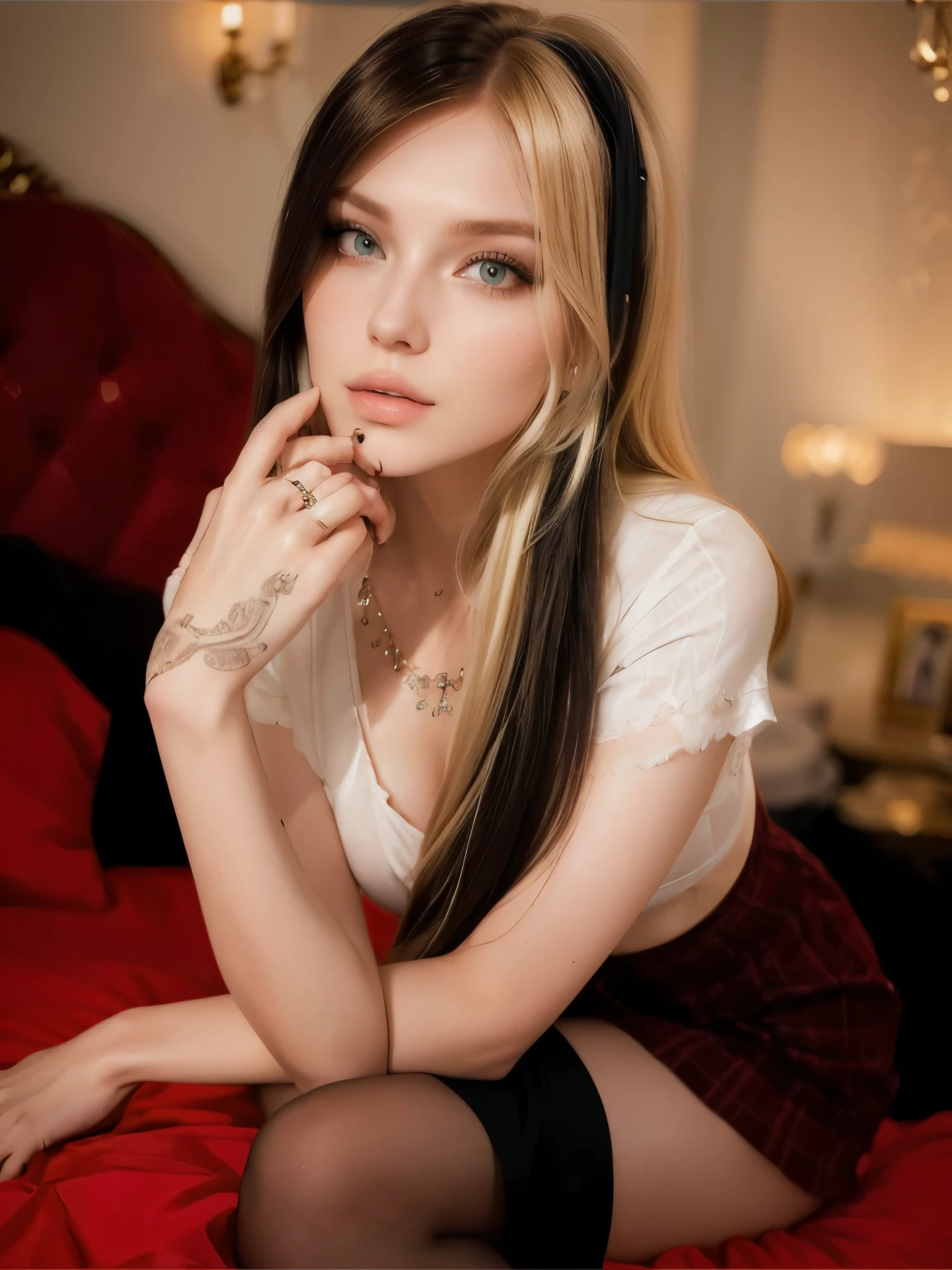 blond woman sitting on a bed, inked, anna nikonova aka newmilky,, with long hair and piercing eyes, aleksandra waliszewska, jessica nigri, kaitlyn michelle siragusa, profile image, angiewolf,, sexy gaze, magdalena radziej