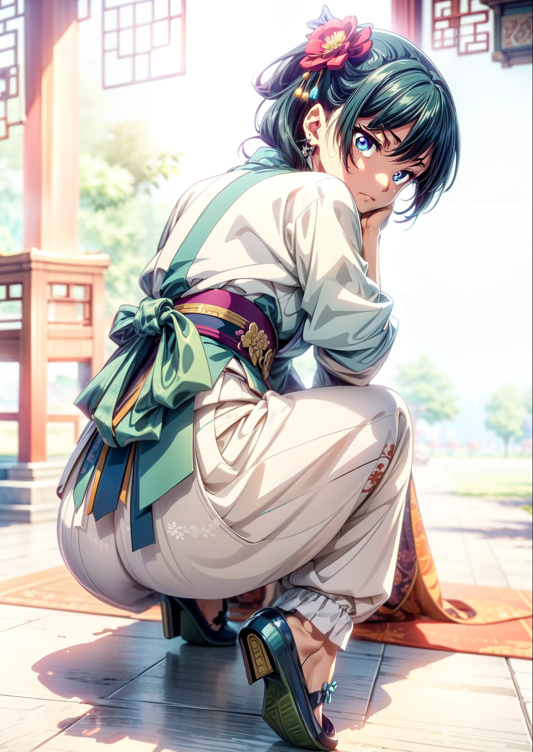 (Masterpiece, High Quality, Top quality, High-Detailed, Detailed CG, Cinematic Shadow, Cinematic Scene, Beautiful Detailed Eyes, Ultra Resolution, Depth of Field, High Resolution, Masterpiece: 1.2), Anime Art style, Very Detailed, Dynamic Angle, Teen Style, Detailed Green Hair, Detailed Blue Eyes, Purple Eye, Slim Body, Sparkling Eyes, Sparkling Detailed Eyes, Hair Accessory, Earrings, Slightly Blunt Bangs, View From Behind, Looking Back the Audience, (Angry Expression:1.2), (Chinese Outfit), (Chinese Flower Pattern on Outfit), Good Composition, Hand Being Cover By The Body, Legs, Feet, Wearing Shoes, (Traditional Chinese Shoes), (Traditional Chinese Shoes:Hanfu footwear(Cloud head shoes)), Buttocks, Sweat, Thighs, Small Breasts, Small Size Breasts, Blur Background, Chinese Architectures
