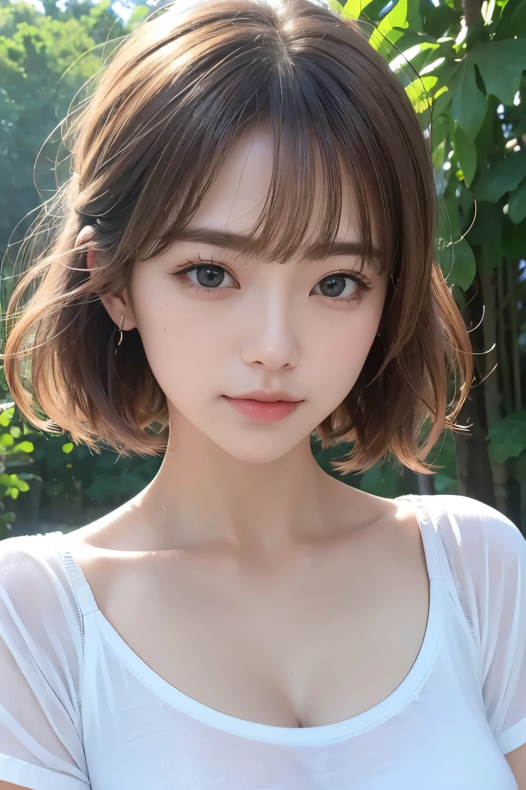 Ultra-high resolution、(masterpiece:1.3), (8k, Best image quality: 1.4)、 (Real:1.4)、One beautiful woman、Beautifully detailed eyes and skin、Micro Smile、Light brown short hair、Hair swaying in the wind、Small Bust、T-Shirts、forest、柔らかなwood漏れ日、White flowers are blooming、wood々I can see the ocean beyond、