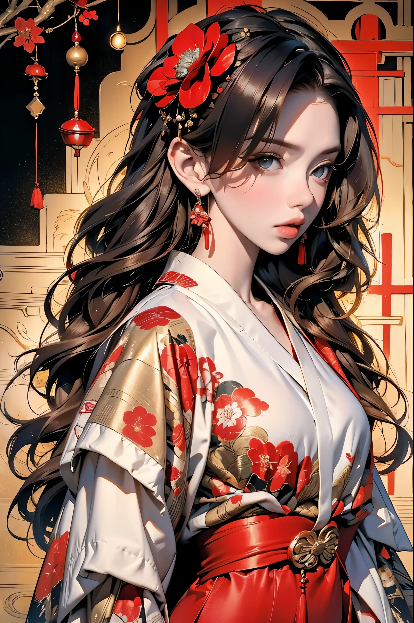 ((Scarlet Johansson)) black widow in a golden red kimono dress with a gold halo, japanese goddess, chie yoshii, elegant japanese woman, portrait of a beautiful geisha, intricate geisha kimono, japanese art style