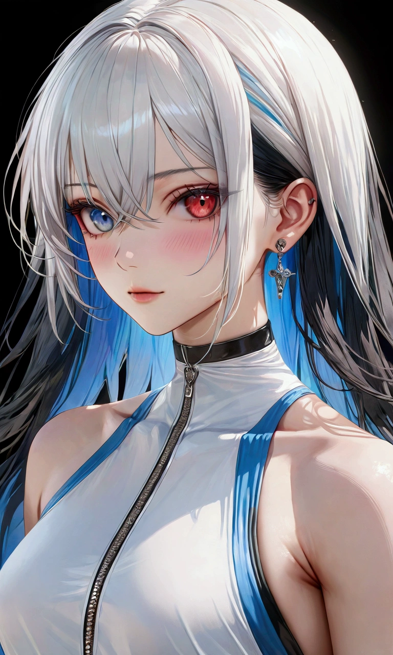 black hair, colored inner hair, white hair, heterochromia, red eyes, blue color, slender and athletic built, masterpiece, super detail, best quality, 8k, realistic
