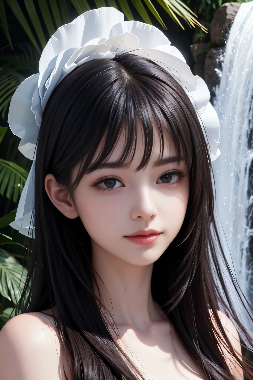 (ultra realistic) , (illustration), (increase resolution), (8K), (extremely detailed), (best illustration), (beautiful detailed eyes), (best quality), (ultra-detailed), (masterpiece), (wallpaper), (detailed face), 1 girl, black straight hair, slender body, delicate details, in the dark, deep shadow, low key, pureerosfaceace_v1, happy smile, summer dress, waterfall, rainforest