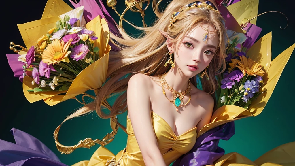 32K, 最高quality, 最高masterpiece, (ultra-Detailed Background, Detailed Background), High resolution, Super detailed, Very detailedな, One girl, (bouquet:1.3), (Tangled:1.2), (Geometric:1.2),(colorful),(masterpiece, quality, best quality, Official Art, Beautiful and beautiful:1.2), (1 girl:1.3), Very detailed,(colorful:1.1)(Flowers:1.3),Most detailed,(Tangled:1.2), whole body, (Abstract background:1.3), (Skin glows), (Many colors:1.4), ,(Earrings Jewelry:1.5), Bright yellow background,