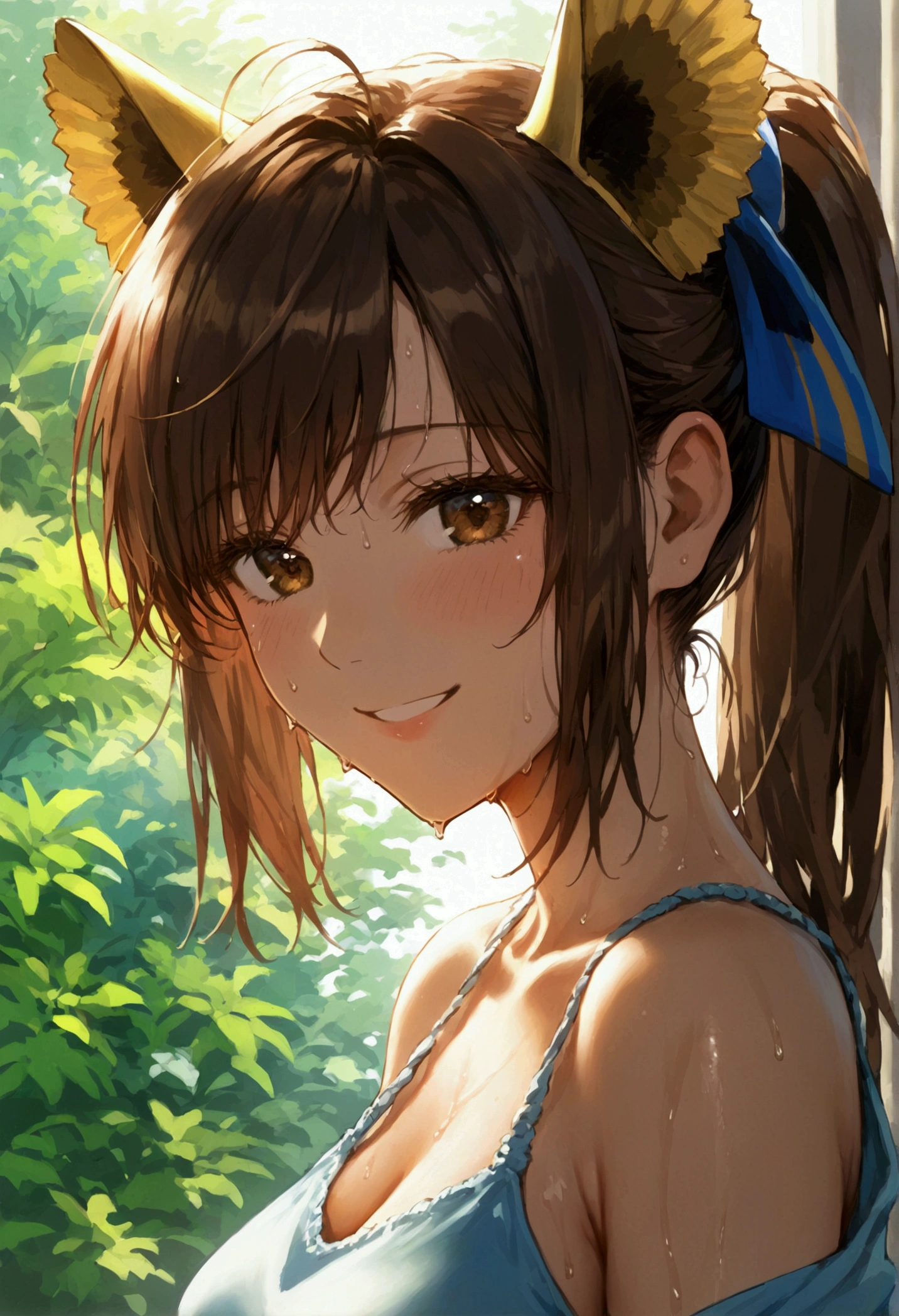 (masterpiece: 1.1, Highest quality: 1.1), ponytail, Brown Hair, smile, Sweat,