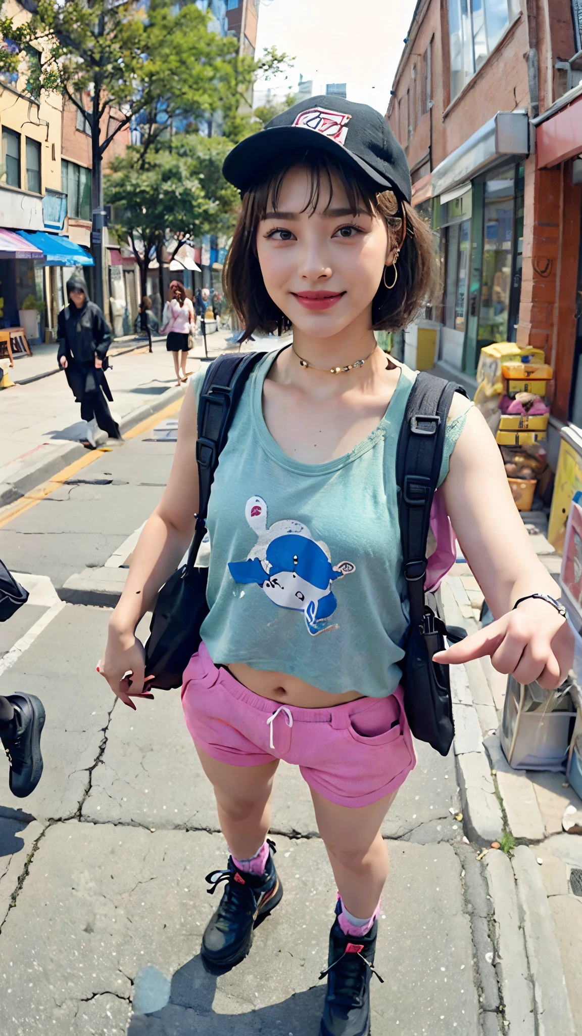 Moisturized skin, realistic body, (s old), (girl), earrings, (cute face), cheerful laugh, 90s hip-hop outfit, shy,
BREAK,
red lipstick, beautiful hair, gradient hair, short hair,
BREAK,
(masterpiece, highest quality, high resolution, highly detailed), (full body: 1.2), symmetrical, one shot,
BREAK,
(wind blowing), Canadian city, Toronto city,
BREAK,
fantastic, dynamic, (selfie), (fisheye lens), neon, cyberpunk movie, selfie, cyberpunk city, baseball cap, iPhone, street snap, backpack, travel, messing around, silly, stylish,