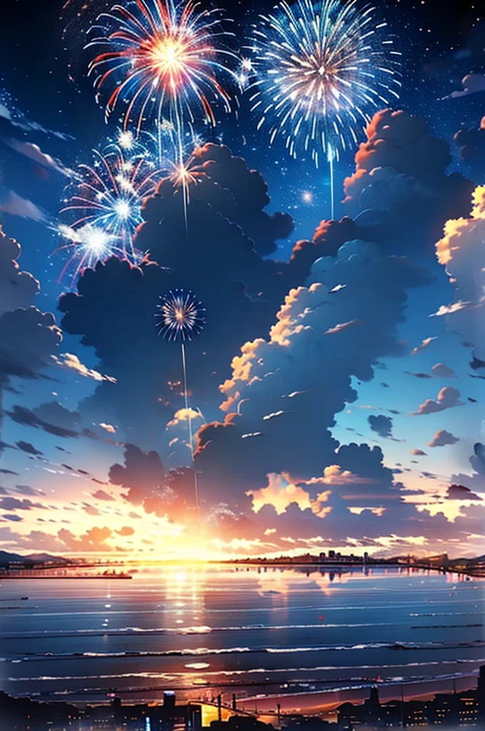 Skysky, fire works, NOhumans, scenecy, clouds, exteriors, natta, cloud sky, inverted image, nigh sky, stele(Skysky), Eau, the sunset, horizon, starrysky, the ocean,mutiple fireworks,Grand fireworks,Spectacular fireworks display. The fireworks are huge