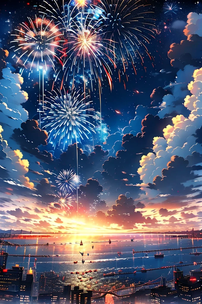 Skysky, fire works, NOhumans, scenecy, clouds, exteriors, natta, cloud sky, inverted image, nigh sky, stele(Skysky), Eau, the sunset, horizon, starrysky, the ocean,mutiple fireworks,Grand fireworks,Spectacular fireworks display. The fireworks are huge