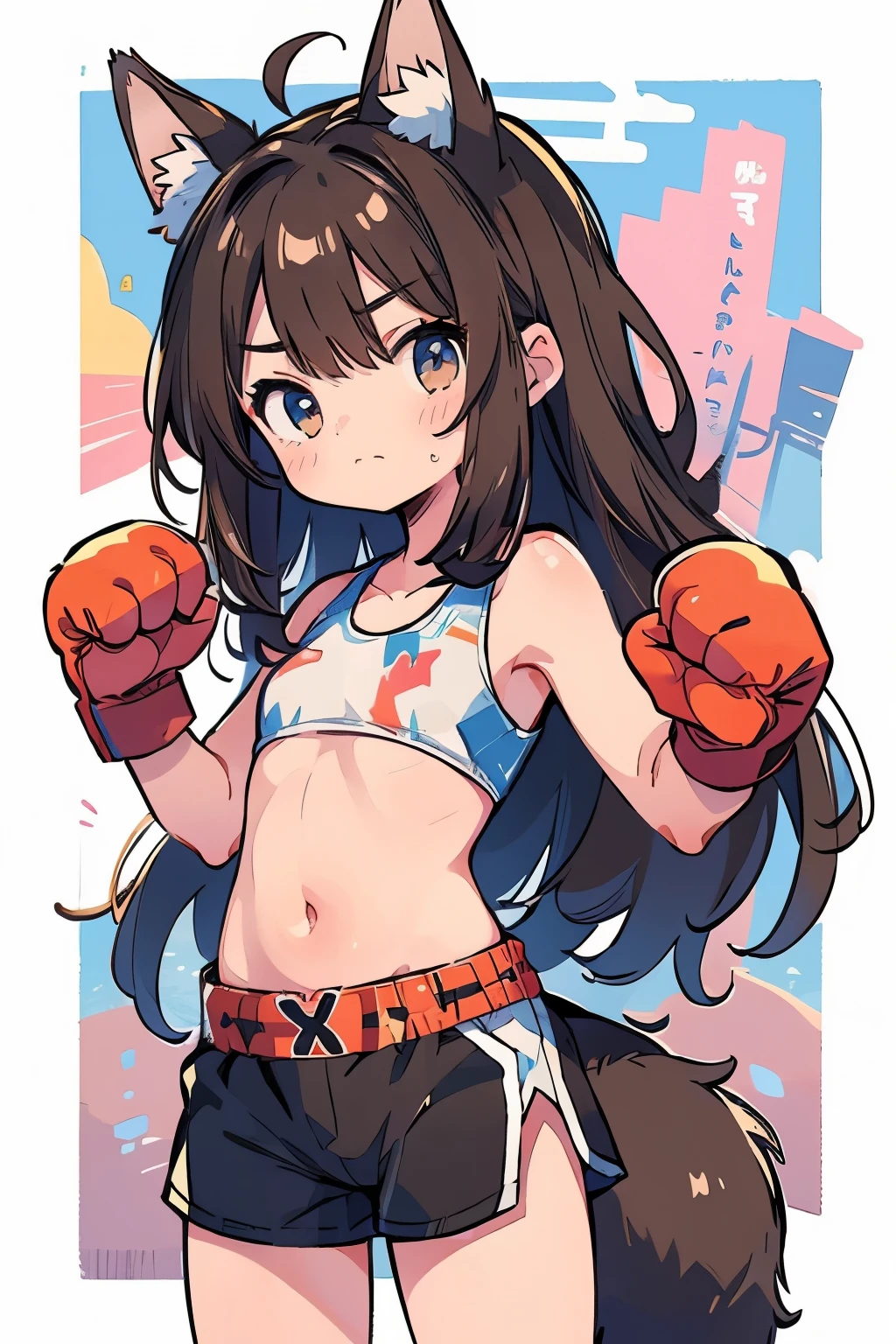 (boxing:1.3)、Teenage Girls、Young、、belly button、stomach、cool、Shorts、Serious expression、(Closed Mouth:1.1)、Brown Hair、Animal Ears、Tail of the beast