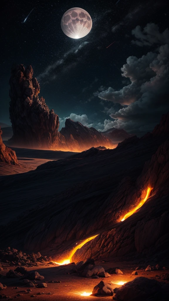  A breathtakingly hyper-realistic scene depicting a "moon nursery" where multiple moons of varying sizes emerge from fissures in a rugged, lava-filled landscape. The moons are distinct, each with its unique texture and luminescence, ranging from small, delicate orbs to large, imposing spheres. The scene is illuminated by a subtle, ambient light source that casts a gentle glow on the molten lava and the rugged terrain.

Details:

Moons: Diverse in size and texture, some with craters and others with smooth surfaces, each radiating a soft, ethereal light.
Lava and Terrain: Lava flows and fissures are intricately detailed, with dynamic, glowing streams and rough, volcanic rock textures.
Lighting: Soft, low-intensity lighting enhances the atmospheric quality, highlighting the contours and features of the moons and lava without overwhelming the scene.
Background: The Milky Way is visible in the night sky, adding a grand cosmic backdrop to the composition, with stars and galactic clouds contributing to the depth and majesty of the scene, a man walking 
Technical Specifications:

Masterpiece Quality: 1.4
Photorealistic: 1.5
Resolution: 8K
Complexity: Extremely complex (1.4)
Detail Level: Deliciously detailed (1.2)
Lighting Intensity: Lowered for a subdued effect (1.2)