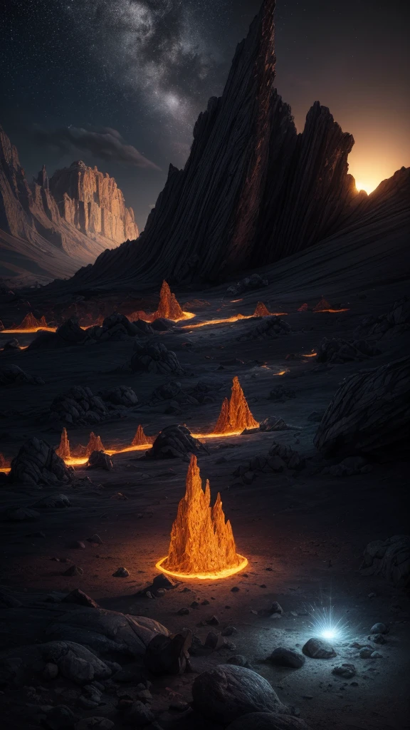  A breathtakingly hyper-realistic scene depicting a "moon nursery" where multiple moons of varying sizes emerge from fissures in a rugged, lava-filled landscape. The moons are distinct, each with its unique texture and luminescence, ranging from small, delicate orbs to large, imposing spheres. The scene is illuminated by a subtle, ambient light source that casts a gentle glow on the molten lava and the rugged terrain.

Details:

Moons: Diverse in size and texture, some with craters and others with smooth surfaces, each radiating a soft, ethereal light.
Lava and Terrain: Lava flows and fissures are intricately detailed, with dynamic, glowing streams and rough, volcanic rock textures.
Lighting: Soft, low-intensity lighting enhances the atmospheric quality, highlighting the contours and features of the moons and lava without overwhelming the scene.
Background: The Milky Way is visible in the night sky, adding a grand cosmic backdrop to the composition, with stars and galactic clouds contributing to the depth and majesty of the scene, a man walking 
Technical Specifications:

Masterpiece Quality: 1.4
Photorealistic: 1.5
Resolution: 8K
Complexity: Extremely complex (1.4)
Detail Level: Deliciously detailed (1.2)
Lighting Intensity: Lowered for a subdued effect (1.2)