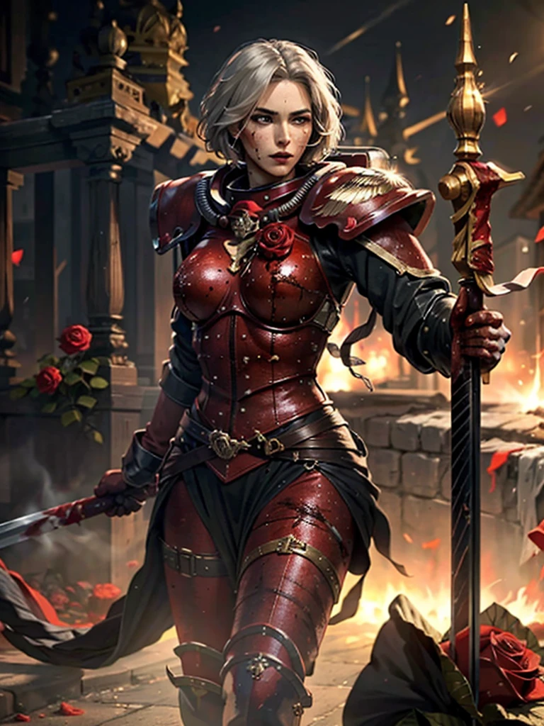 (1girl :1.3),portrait, Christina Chong beautiful face, narrowed eyes. smirk. black braided hair with narrowed eyes,, sister of battle, holding sword, dark background,(red blood rose armor:1.5), (hdr:1.4), high contrast, (cinematic:0.85), (muted colors, dim colors, soothing tones:1.3), low saturation, smoke,shining sword,cluster amaryllis,wind,dragon loong spirit behind,perfect anatomy, centered, approaching perfection, (athletic female), detailed face, short hair, white hair, bangs, feminine, nice breasts, beautiful detailed girl, extremely detailed fingers, cute, young, mature face, realistic face, realistic body,armour, adepta sororitas
