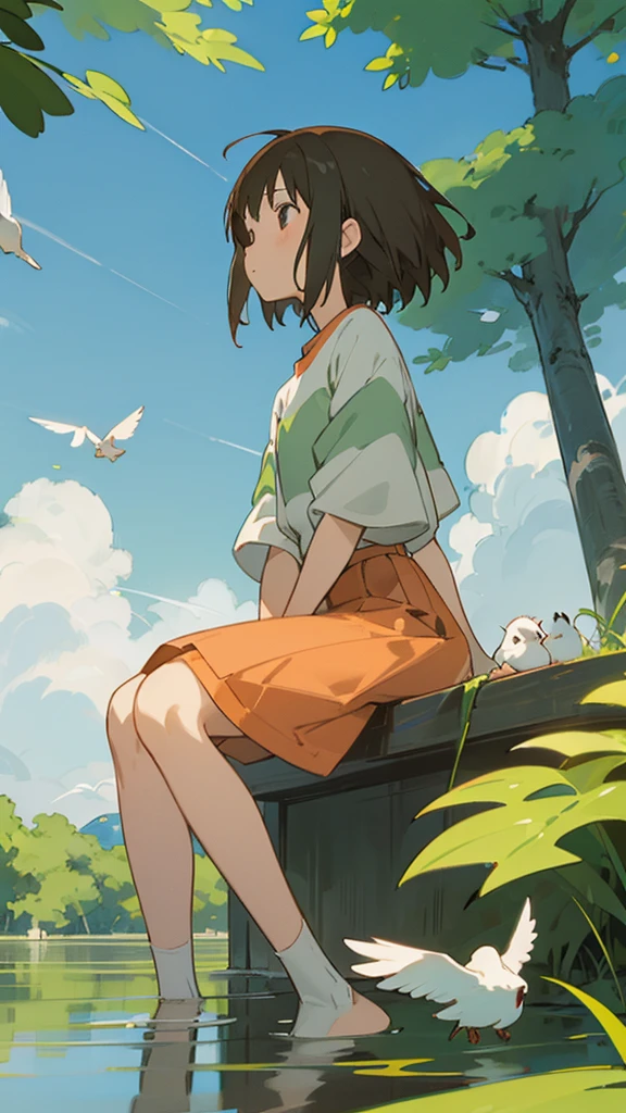 Vibrant and detailed anime-style illustration featuring a serene outdoor scene. The layout centers on a young couple sitting by a small pond, surrounded by lush greenery and wildflowers. The male character has short dark hair and is wearing an orange shirt, while the female character has long brown hair and is dressed in a white top and red skirt. They are holding hands and gazing at each other, creating a sense of intimacy and connection. The background showcases a bright blue sky filled with fluffy white clouds and a flock of birds flying. Raindrops are falling gently, adding a dynamic and refreshing element to the scene. The overall atmosphere is peaceful and romantic. In the bottom right corner, there is a small, white, cursive text that appears to be a signature. The sky dominates the upper part of the image, with the clouds creating a dynamic and expansive backdrop.