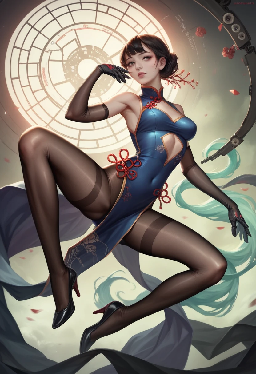 a beautiful girl wearing a chinese style qipao dress, tight bodysuit, high heels, and gloves, with a futuristic mechanical body, 4k, 8k, highres, masterpiece:1.2, ultra-detailed, realistic, photorealistic:1.37, portrait, cinematic lighting, intricate details, elegant, graceful, striking pose, vibrant colors, chiaroscuro, dramatic shadows, steampunk, cyberpunk, futuristic, traditional chinese elements