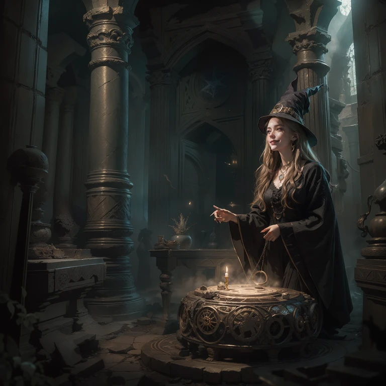 semi-realistic, anime style, 1woman reading an old scroll, (curvy body:0.8), neon lighting, dcSorcwitch hat, strapless dress, detached sleeves, FanUn, highly detailled backround, in abandonned subway, a fantasy underground laboratory, with cauldron, fireplace, torch lights on walls, scroll, grimoire, skeleton, moss on the wall,