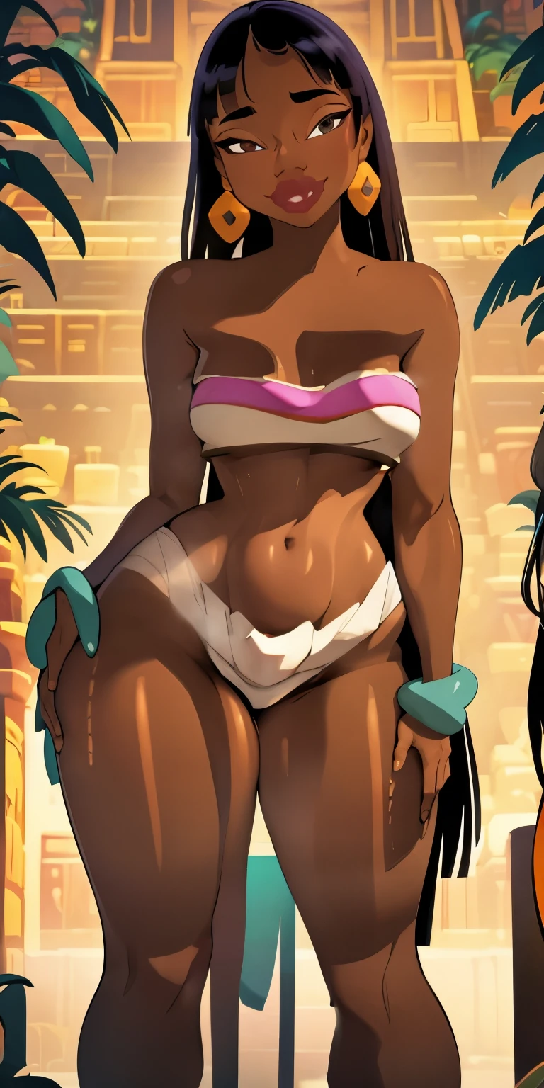 1 girl, Pharah from overwatch, (dark skinned:1.3), naked, medium breasts, sweating a lot, black eyes, Beach, Jack-o pose, full body, long body