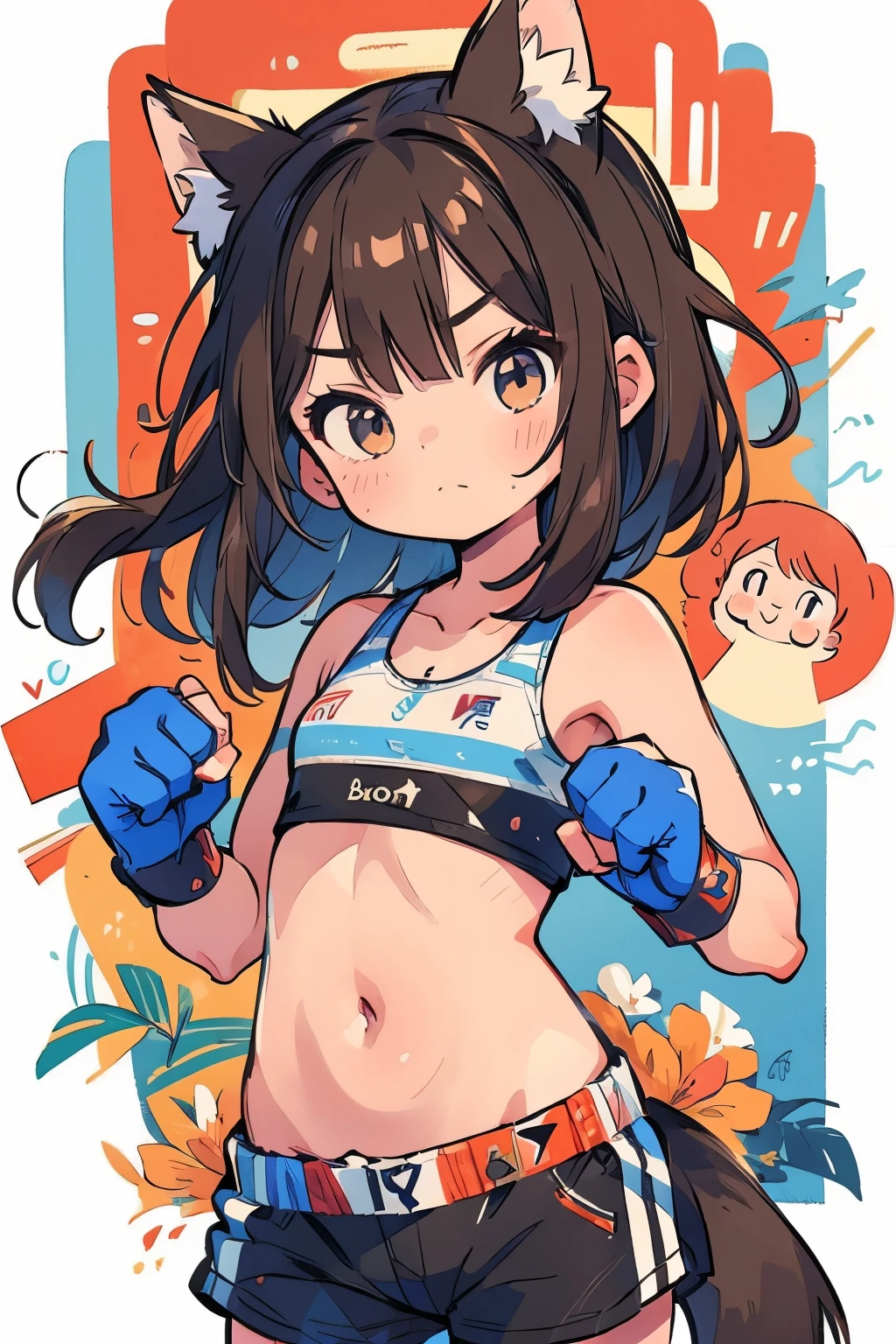 (boxing:1.3)、Teenage Girls、Young、、belly button、stomach、cool、Shorts、Serious expression、(Closed Mouth:1.1)、Brown Hair、Animal Ears、Tail of the beast