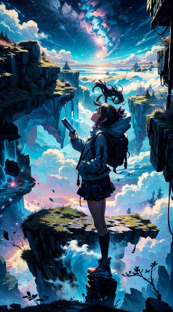 Step into a world of wonder and ethereal beauty, where reality and dreams intertwine. Visualize an awe-inspiring scene - a breathtaking view of a sea of stars, shimmering brilliantly above a blanket of fluffy clouds. In the foreground, a young girl stands on a cloud, her silhouette poised against the celestial panorama.
BREAK 
Describe the girl's stance as she gazes up at the vast expanse of twinkling stars, capturing her sense of awe and reverence. Explore the emotions evoked by the scene - a mix of wonder, curiosity, and a deep connection to the vastness of the universe. Consider the significance of this moment for the girl - is she contemplating her place in the cosmos, seeking solace or inspiration, or perhaps embarking on a celestial journey of her own?
BREAK 
Craft a brief narrative or evoke a sense of atmosphere, using evocative language to emphasize the surreal and otherworldly nature of the scene. Explore the interplay between the tangible and the intangible - the solid cloud beneath her feet contrasting with the infinite expanse of stars above. Consider incorporating sensory details such as the soft touch of the cloud, the sound of distant celestial music, or the faint scent of stardust in the air.