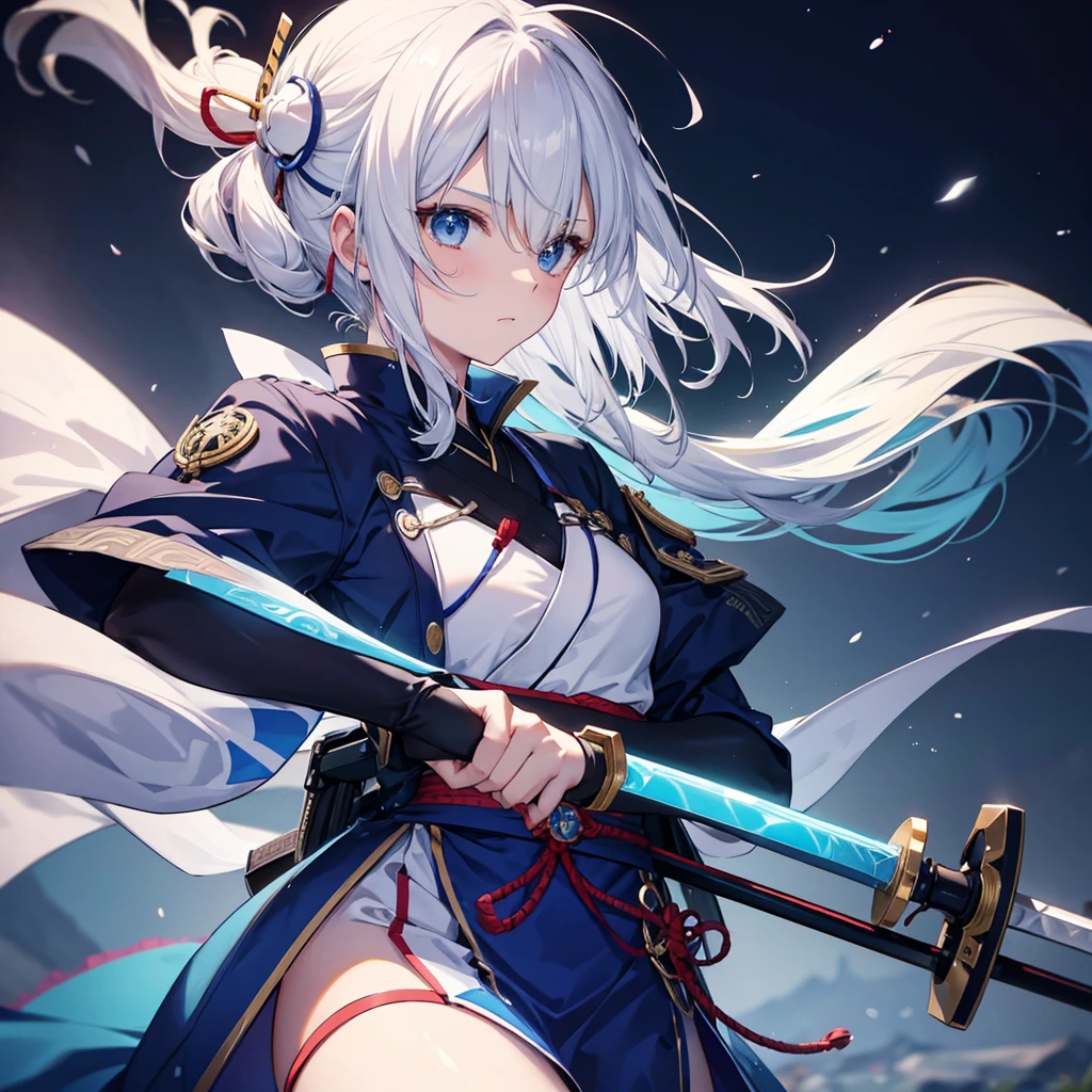 One woman((Calm expression,concentrated)) background((burn,blue)),Pulling the sword out of its scabbard,Draw your sword,Parallel to the ground White hair,ショートボブ blue目,Super Shiny Japanese Style,Anime The Wind Blows,Ahead ((profile,Extreme close-up)) Eye patch,Katame Samurai