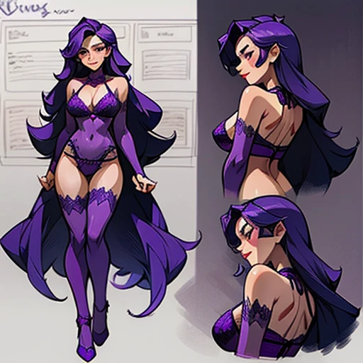 erotic purple lingerie  design inspired by Werewolf (lycanthrope) With long hair , in various views (front and back)  ((Character sheet)) 