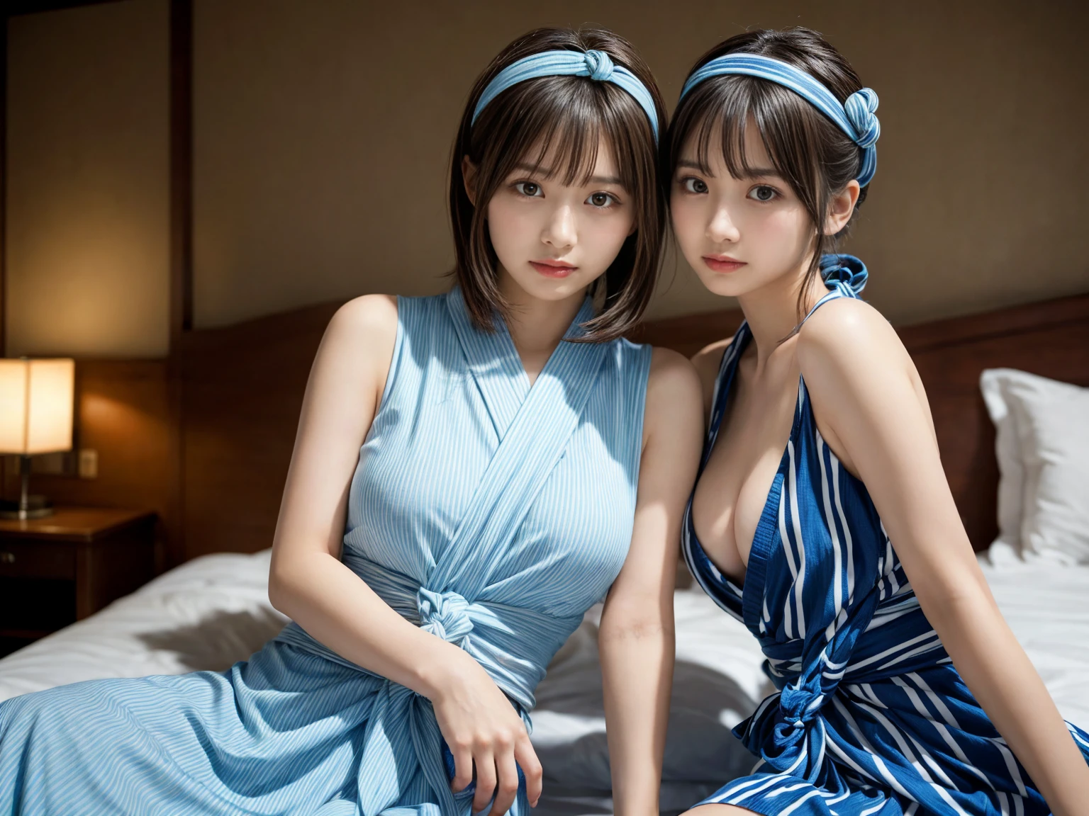 masterpiece, best quality, illustration, Super detailed, fine details, High resolution, 8K,wall paper, perfect dynamic composition,(Details High quality, realistic depiction of eyes:1.3), (2 girls), (japanese inn costumes yukata with (light-blue and smalt color bold stripe pattern):1.4), (unified coloring and pattern:1.4), BREAK (wrap a thin smalt color band around waist:1.3), (smalt color knot on waist:1.3),, sitting, open legs, short bob hair, in a hotel room in the background, deep on field, (large breasts:1.3), black hair color, Big Natural Color Lip, (perfect body shape), crying a little、Harajuku style、20 year old girl、cute type、beautiful legs, Gravure Idol