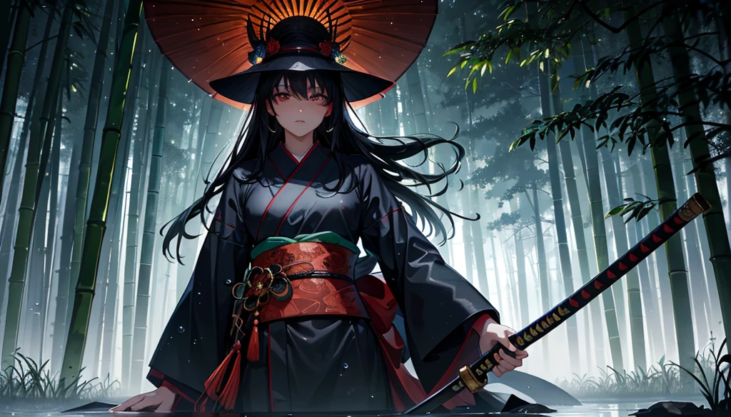 best quality, highres, ultra-detailed, realistic, HDR, moody, dark, bamboo hat, detailed raindrop effect, bamboo forest, moonlit night, black kimono with glowing red stripes, shining katana, epic scene