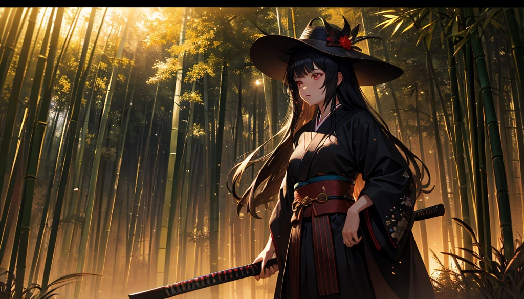 best quality, highres, ultra-detailed, realistic, HDR, moody, dark, bamboo hat, detailed raindrop effect, bamboo forest, moonlit night, black kimono with glowing red stripes, shining katana, epic scene