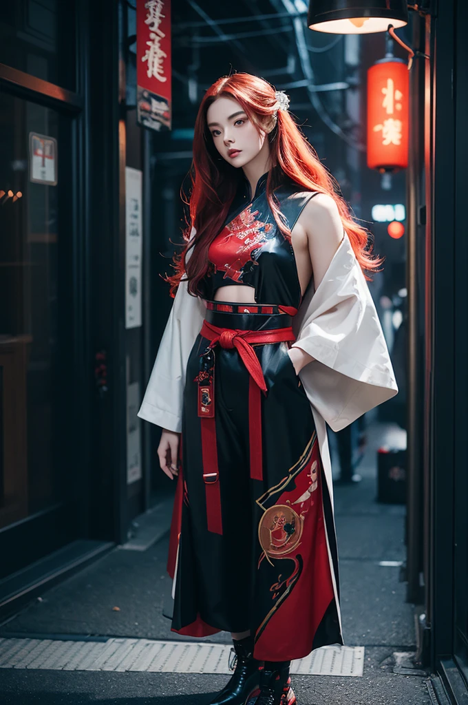 A full-body portrait of an elegant and graceful yet daring cyberpunk futuristic neon girl with [long red] hair and reflective [red] eyes, decorated with traditional Japanese ornaments. The background is atmospheric and moody, featuring subtle neon accents and a more refined, less cluttered setting. The girl's outfit is a blend of high-tech armor and traditional Japanese elements, with a focus on elegance, sleek design, and a daring attitude. The overall style is dreamy and surreal