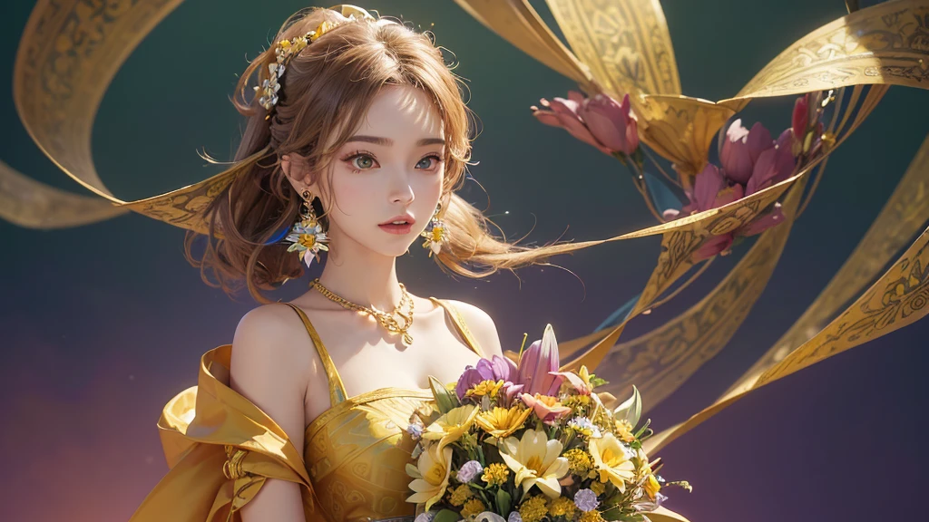 32K, 最高quality, 最高masterpiece, (ultra-Detailed Background, Detailed Background), High resolution, Super detailed, Very detailedな, One girl, (bouquet:1.3), (Tangled:1.2), (Geometric:1.2),(colorful),(masterpiece, quality, best quality, Official Art, Beautiful and beautiful:1.2), (1 girl:1.3), Very detailed,(colorful:1.1)(Flowers:1.3),Most detailed,(Tangled:1.2), whole body, (Abstract background:1.3), (Skin glows), (Many colors:1.4), ,(Earrings Jewelry:1.5), Bright yellow background,