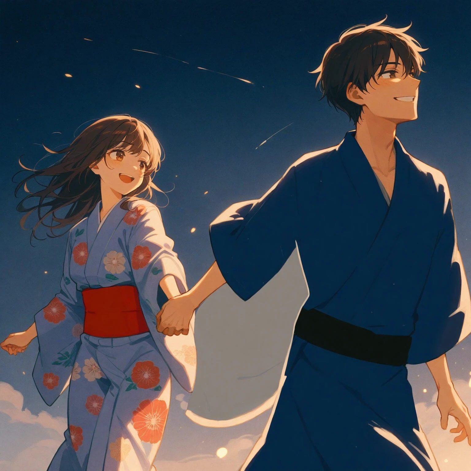 score_9, score_8_up, score_7_up, score_6_up, score_5_up, score_4_up, masterpiece, best quality BREAK 1girl、yukata、Brown Hair、Red belt、Grab my hand BREAK 1boy、青いyukata、Black Belt、Grab my hand BREAK Summer Festival、firework、night、Look at the sky、smile