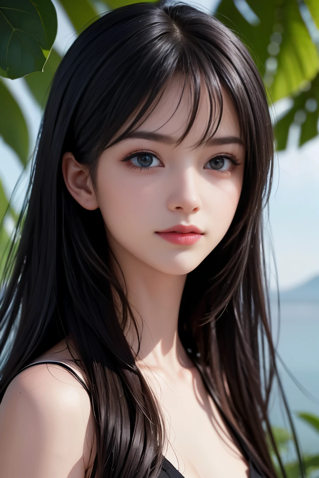 (ultra realistic) , (illustration), (increase resolution), (8K), (extremely detailed), (best illustration), (beautiful detailed eyes), (best quality), (ultra-detailed), (masterpiece), (wallpaper), (detailed face), 1 girl, black straight hair, slender body, delicate details, in the dark, deep shadow, low key, pureerosfaceace_v1, happy smile, summer dress, waterfall, rainforest