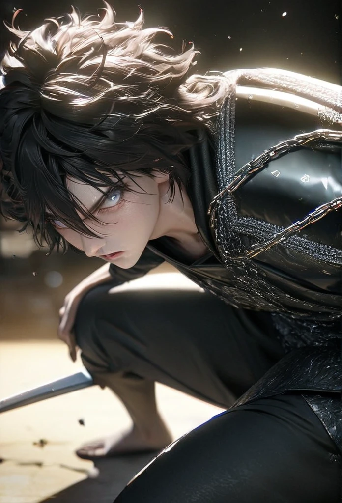 (solo), masculine, black korean hair, messy hair, mane hair, short hair, dense hair, wild hair, expressive hair, mature,(25 year old), pale skin, grey eyes, ((man)), teacher, wearing black shirt, rolled up sleeves, black long pants, One shoulder has shoulder armor, black cape covering one arm, detailed eyes, dark, hood, the background is space in china. Silver chains everywhere, attractive, eye reflection, depth of field, thunder aura, cinematic lighting, ray tracing, depth of field, cinematic lighting, ray tracing, UHD, high details, best quality, highres, high quality, award winning, super detail, masterpiece, 8k, UHD, high details, best quality, highres, high quality, award winning, super detail, masterpiece, 8k, digital art, anime coloring, full body, body shot, good face, perfect face, detailed face, good eyes, in a fighting position, holding a sword.