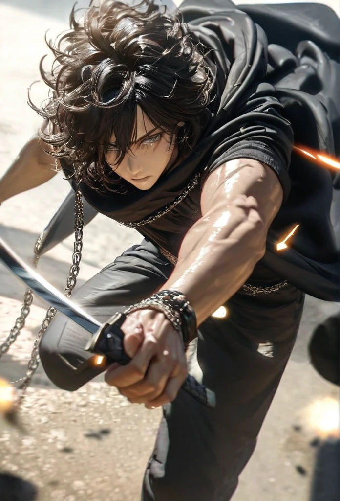 (solo), masculine, black korean hair, messy hair, mane hair, short hair, dense hair, wild hair, expressive hair, mature,(25 year old), pale skin, grey eyes, ((man)), teacher, wearing black shirt, rolled up sleeves, black long pants, One shoulder has shoulder armor, black cape covering one arm, detailed eyes, dark, hood, the background is space in china. Silver chains everywhere, attractive, eye reflection, depth of field, thunder aura, cinematic lighting, ray tracing, depth of field, cinematic lighting, ray tracing, UHD, high details, best quality, highres, high quality, award winning, super detail, masterpiece, 8k, UHD, high details, best quality, highres, high quality, award winning, super detail, masterpiece, 8k, digital art, anime coloring, full body, body shot, good face, perfect face, detailed face, good eyes, in a fighting position, holding a sword.