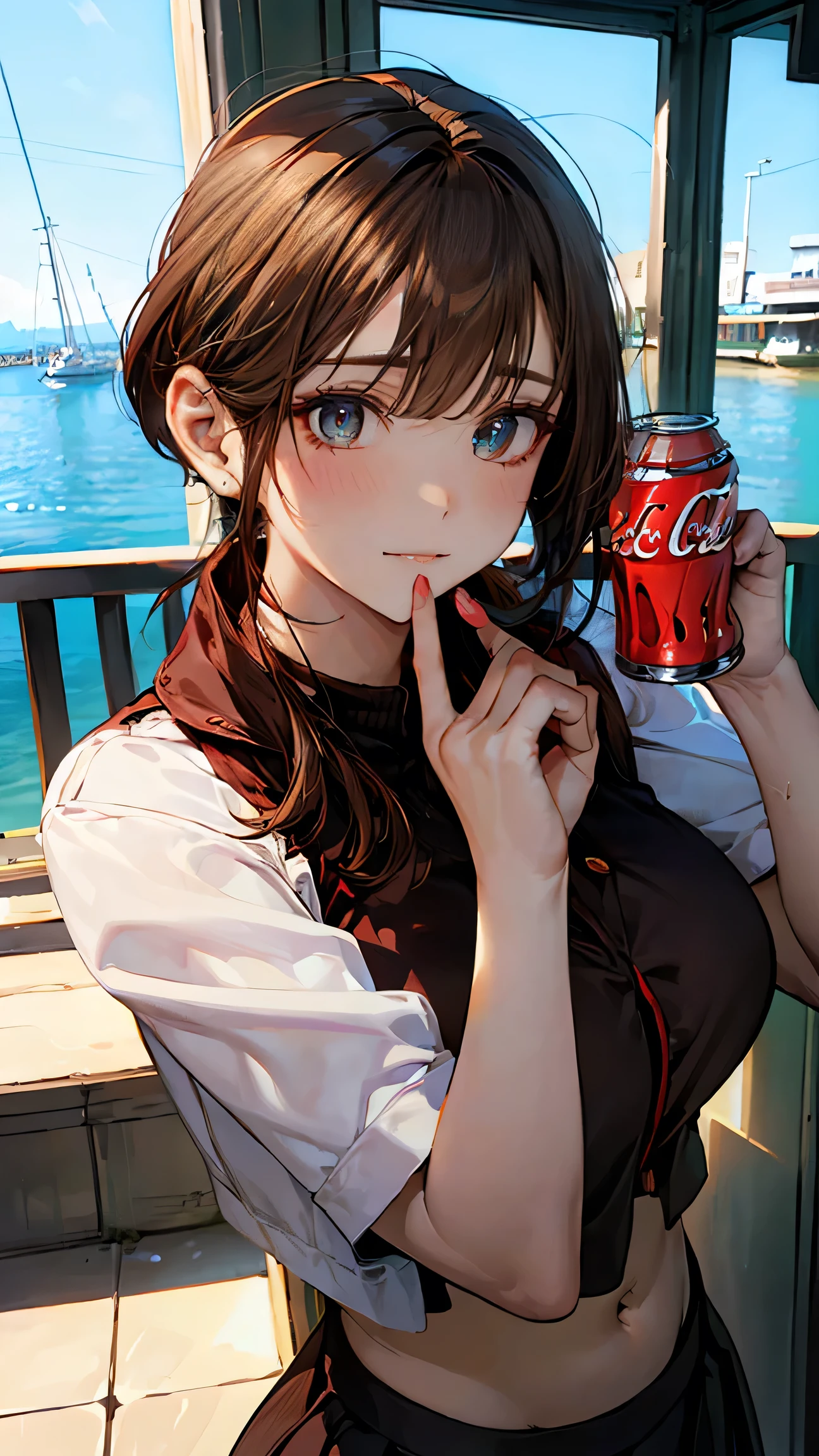 (masterpiece:1.2, Highest quality), (Realistic, photoRealistic:1.4), Beautiful illustrations, (Natural Side Lighting, Cinema Lighting), Looking at the audience, Upper Body, (Front view), 1 girl, Perfect Face, Symmetrical cute face, Glowing Skin, , Long eyelashes, (Large Breasts), (Wide Hips:1.2),Beautiful Hair, Beautiful Face, Fine and beautiful eyes, Beautiful body, Beautiful breasts, Beautiful thighs, Beautiful legs, Beautiful fingers,(Beautiful views),(Cute Smile:1.5, Upper Eye),beautiful girl,Perfect body line,(short hair:1.2),(Shaved head),(Brown Hair:1.5),(Plump:0.7),(Hime cut),Office Lady, uniform, Ocean, ( Coca Cola),( drinking Coca Cola:1.2),afternoon,(she smiles with her hand up holding the Coca Colaand her mouth open:1.5),