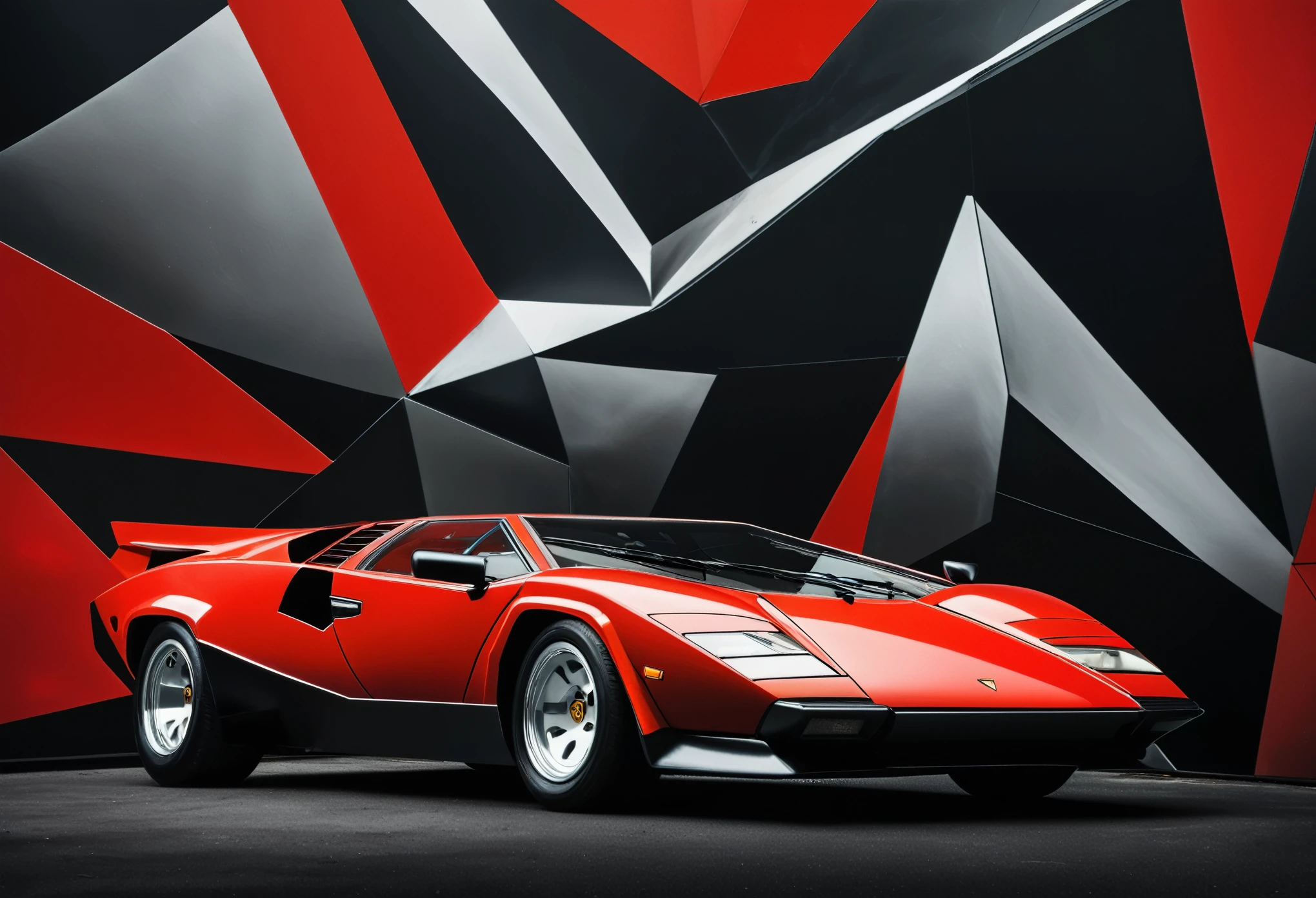 high-detail photo of a red Lamborghini Countach LP500S, prominently displayed against a contrasting dynamic background composed of geometric shapes. The shapes should contrast against the car's color and design, featuring tones of silver, black, and white. The composition should blend modern art with the classic elegance of the car, creating a visually striking and cohesive look