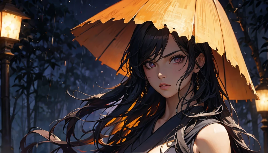 best quality, highres, ultra-detailed, realistic, HDR, moody, dark, bamboo hat, detailed raindrop effect, bamboo forest, moonlit night, black kimono with glowing red stripes, shining katana, epic scene